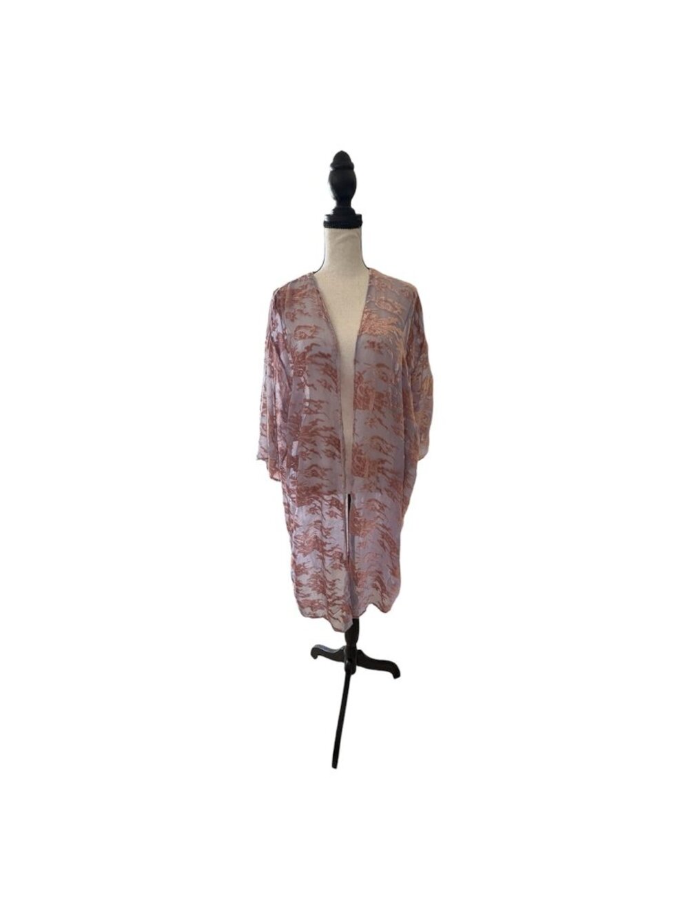 Velvet Burnout Kimono Duster Cardigan Jacket Lavender Rose 3/4 Sleeve 1 Sz